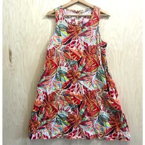 C&C California 100% Linen Swing Dress Sleeveless Tropical Floral Leaf M Medium